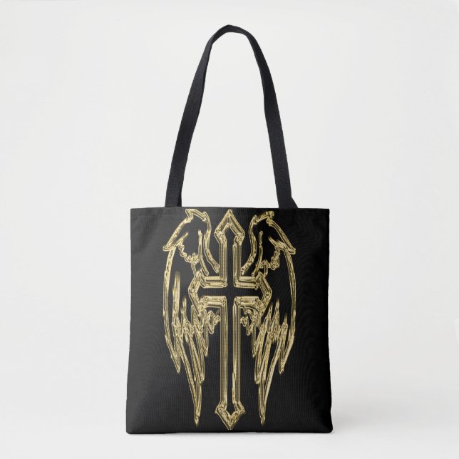 Tote Bag Croix catholique d'or avec ailes (Devant)