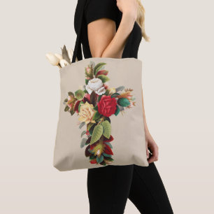 Tote Bag Croix de roses botaniques vintage Art religieux