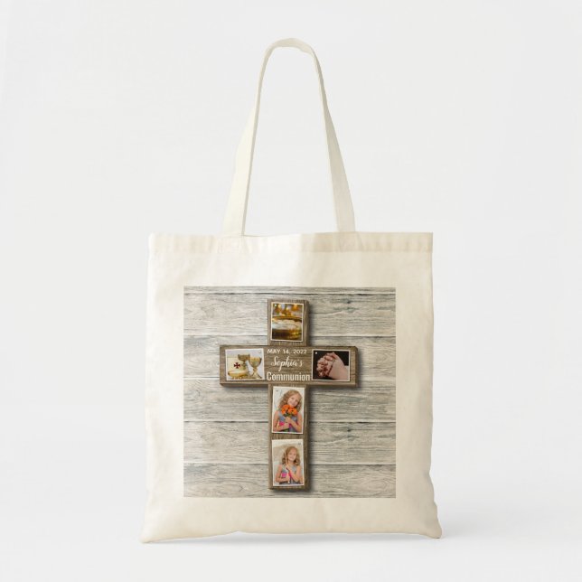 Tote Bag Croix Rustique Bois Première Sainte Communion Phot (Devant)