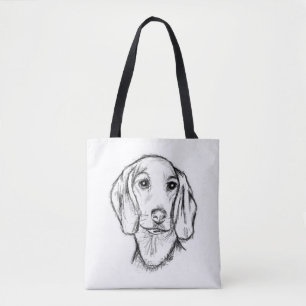 Tote Bag croquis de teckel dessiné à la main en noir et bla