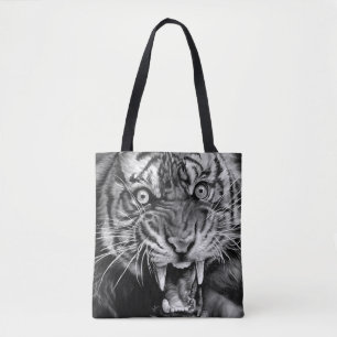 Tote Bag Croquis d'un tigre sauvage en noir et blanc, white