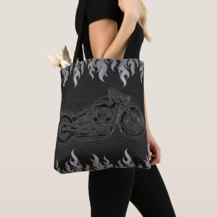 Tote Bag Cuir Noir Flammes Argentées Moto Feu Chaud