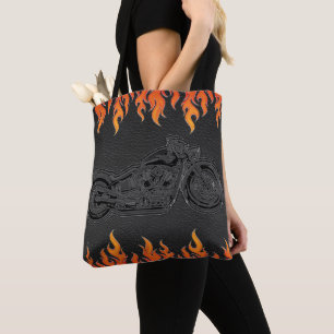 Tote Bag Cuir noir flammes orange feu chaud moto