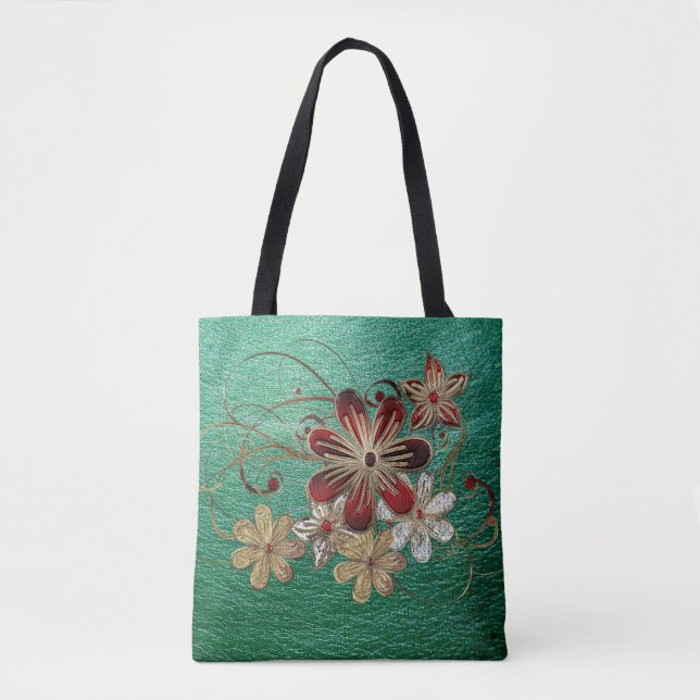 Tote Bag Cuir Vert Et Fleurs (Devant)