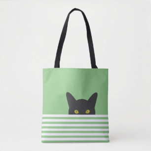 Tote Bag Curieux Peeking noir Chat Vert bande