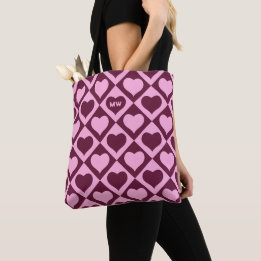 Tote Bag Custom Heart Checkerboard Pattern Bordeaux Pink -