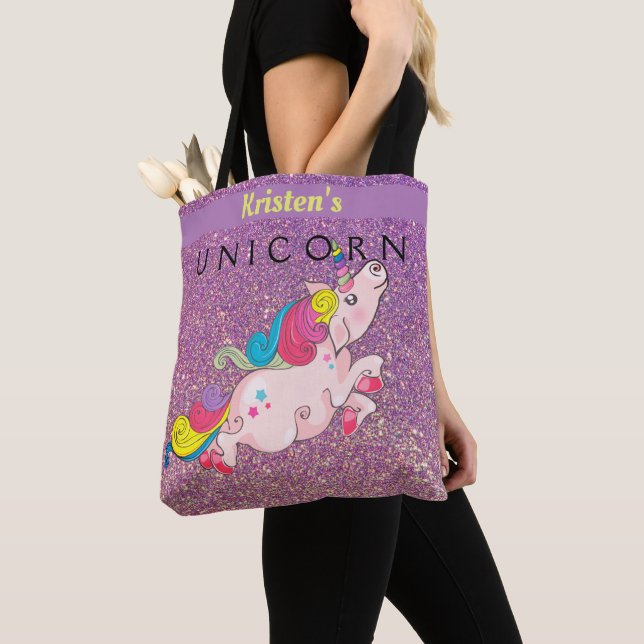 Tote Bag CustomText/ Unicorn Kawaii Gold PinkPurple Parties (De près)