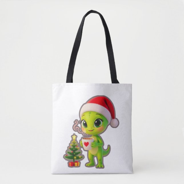 Tote Bag **Cute 3D Green Alien in Santa Hat with Hot Chocol (Devant)
