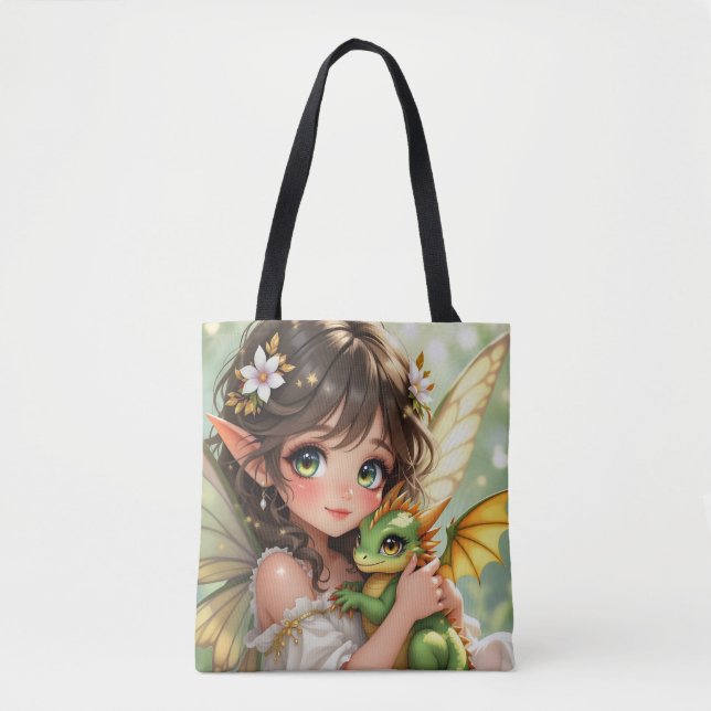Tote Bag Cute Anime Fairy and Chibi Dragon  (Devant)