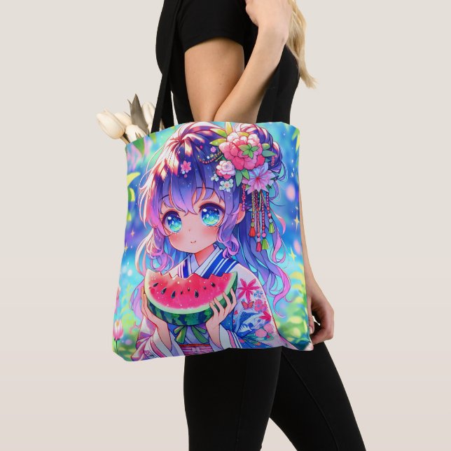 Tote Bag Cute Anime Girl Manger Watermelon sur une journée  (De près)