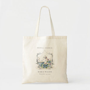 Tote Bag Cute Aqua Blue Floral Teapot Crest Fête des mariée