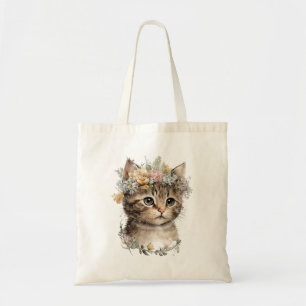 Tote Bag Cute Aquarelle Floral Kitten