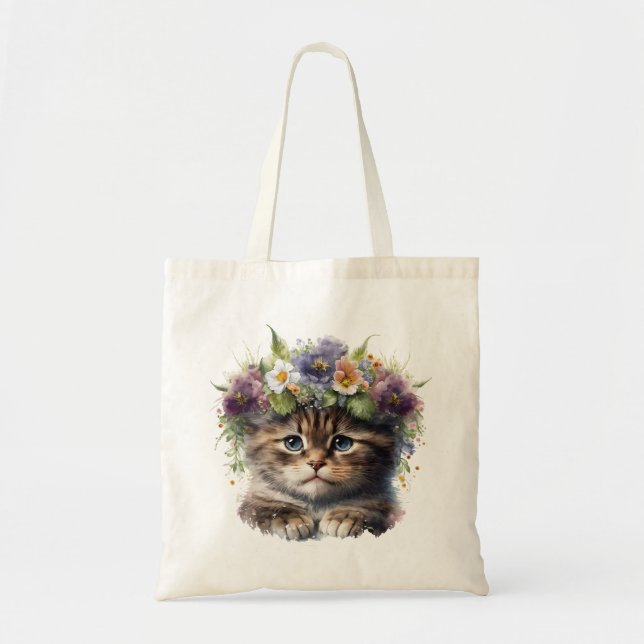 Tote Bag Cute Aquarelle Florale Chat (Devant)