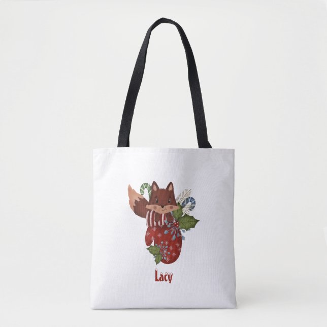 Tote Bag Cute Baby Fox et Christmas Mitten (Devant)