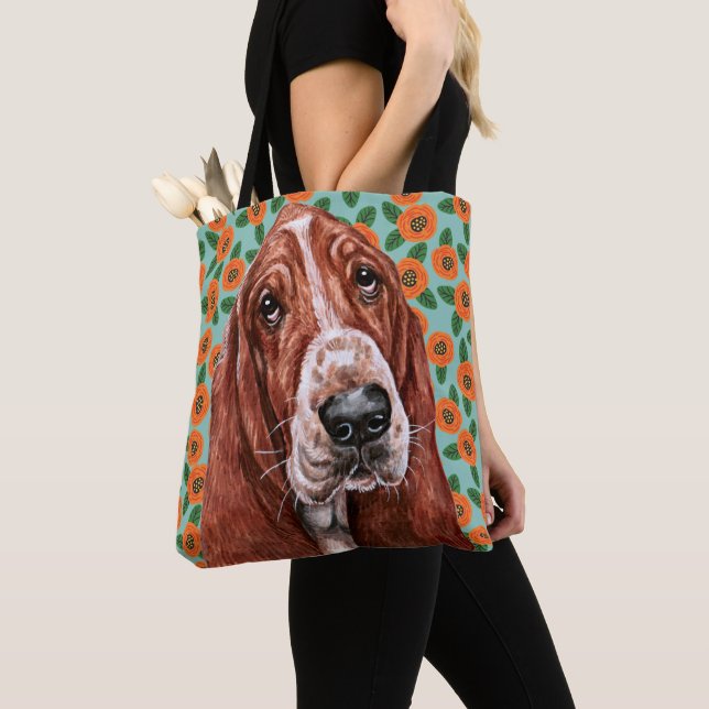 Tote Bag Cute Basset Hound Red Poppy Motif (De près)