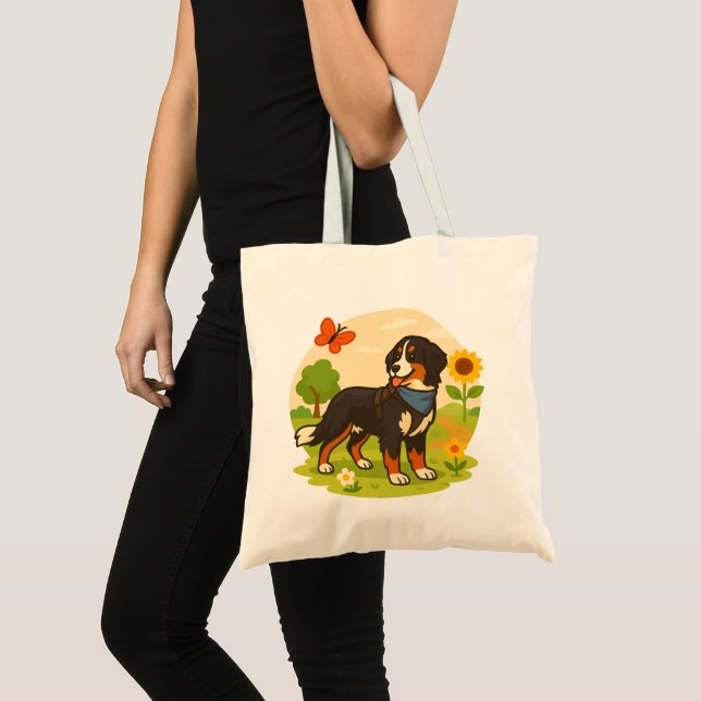 Tote Bag Cute Bernese Mountain Dog with Sunflower & Butterf (Devant (produit))