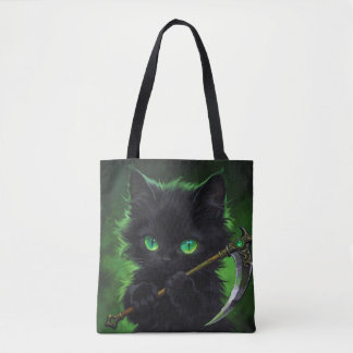 Tote Bag Cute Black Cat Grim Reaper Green Eyes Halloween