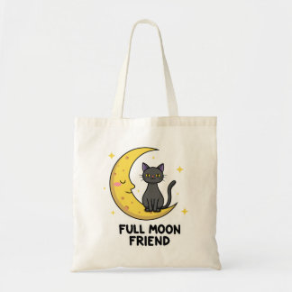 Tote Bag Cute Black Cat on Moon - Full Moon Friend