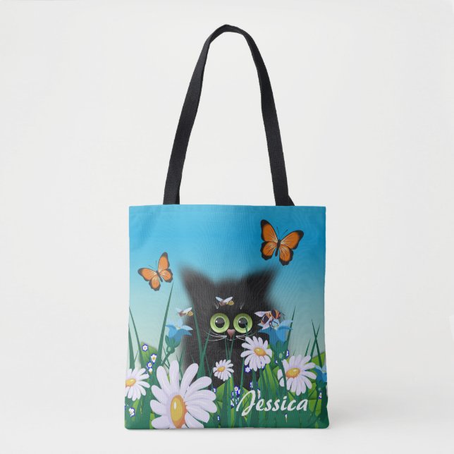 Tote Bag Cute Black Kitten et Daisies Art Personnalisé (Devant)