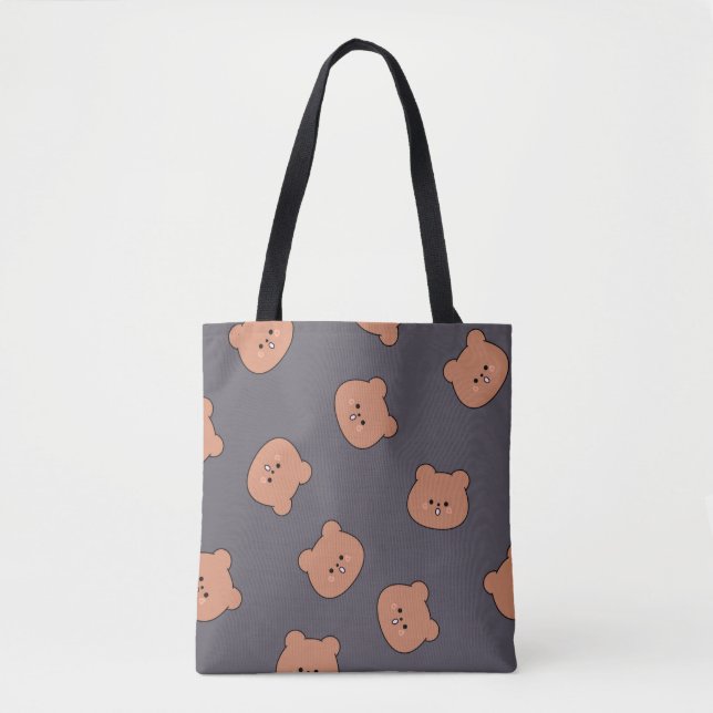 Tote Bag Cute Brown Teddy Bear Face Pattern Dark Blue (Devant)