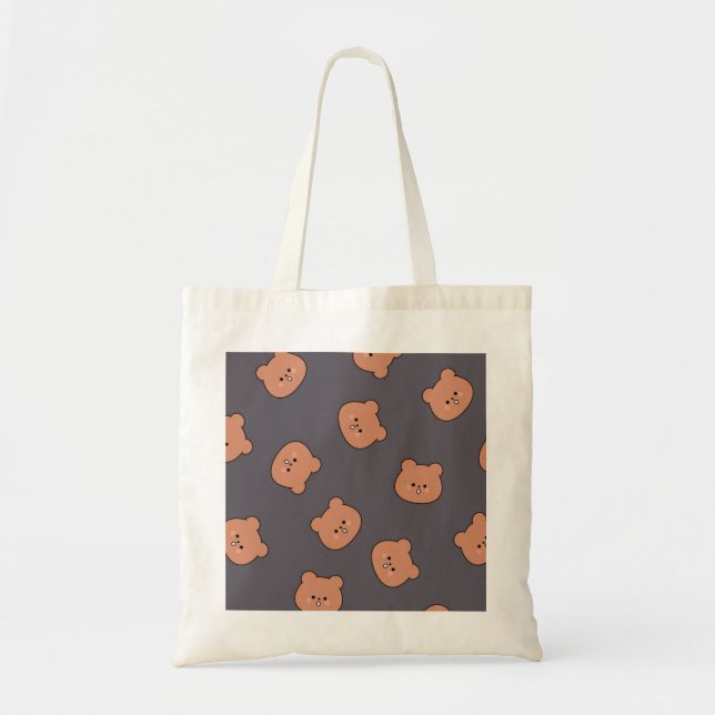 Tote Bag Cute Brown Teddy Bear Face Pattern Dark Blue (Devant)