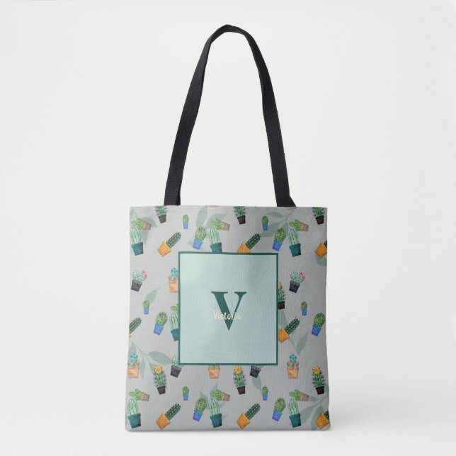 Tote Bag Cute Cactus Motif de fleurs vertes (Devant)