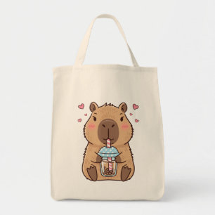 Tote Bag Cute Capybara Siroter Boba Tea Chill Vibes Art