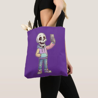 Tote Bag Cute Cartoon Skeleton Selfie - Full Body Trendy 