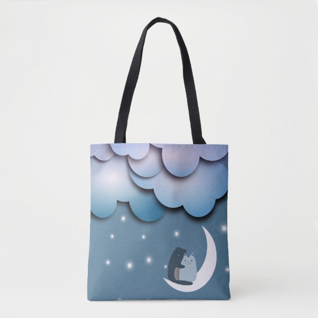 Tote Bag Cute Cats Cuddling on the Moon Art (Devant)