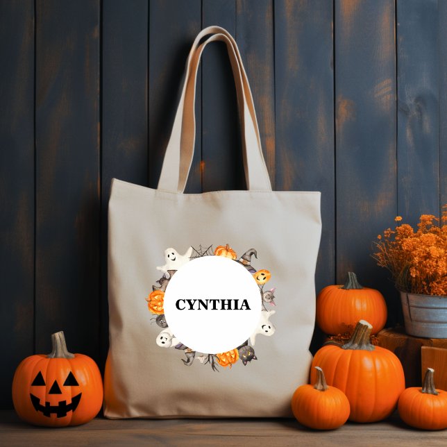 Tote Bag Cute chat chauve chauve Halloween Aquarelle Wreath (Créateur téléchargé)