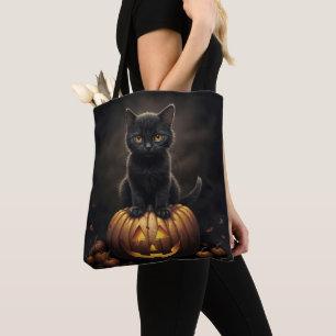 TOTE BAG CUTE CHAT DE CUISINE NOIR HALLOWEEN AVEC CITROUILL