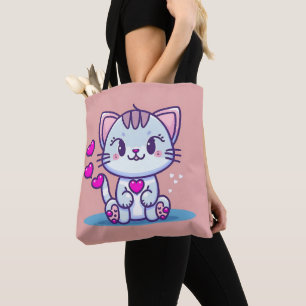 Tote Bag Cute Chat Kitten avec Coeurs Valentine Inspiré  
