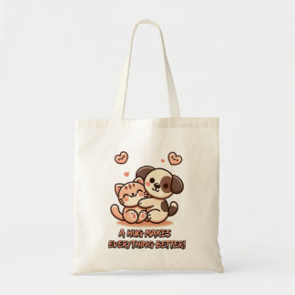 Tote Bag Cute Chiot & Kitten Hug - Adorable Design Kawaii