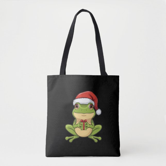 Tote Bag Cute Christmas Frog with Santa Hat Holding  Gift - (Devant)