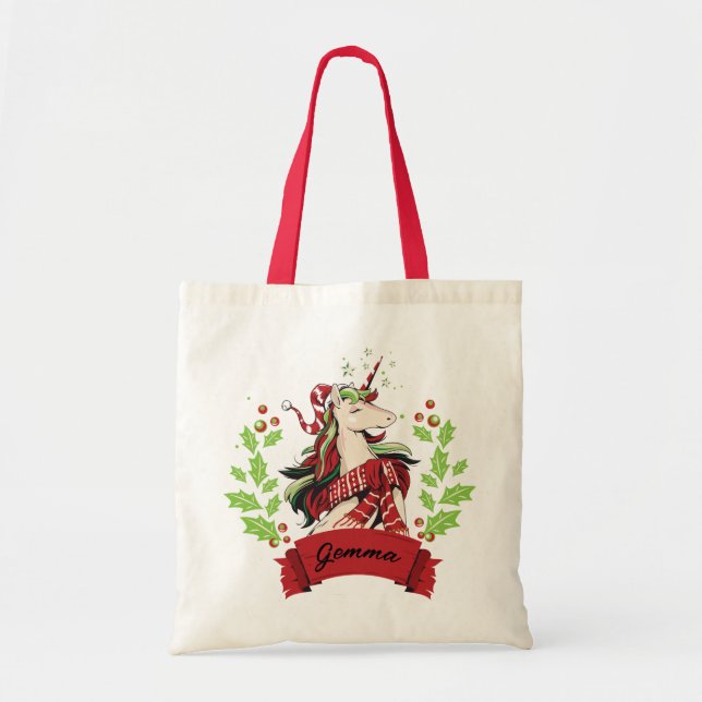 Tote Bag Cute Christmas Unicorn Nom personnalisé (Devant)
