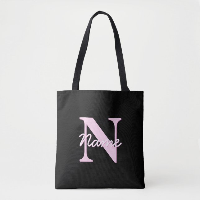 Tote Bag Cute Customizable Monogram | Light Pink & Black (Devant)