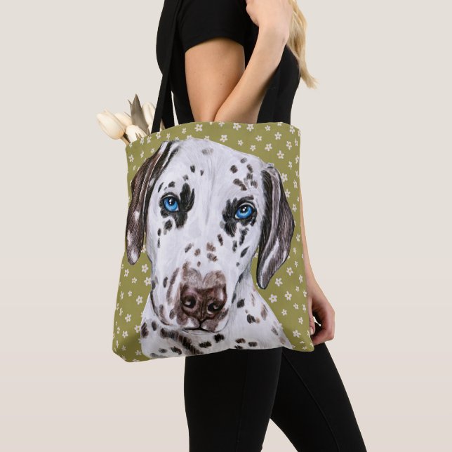 Tote Bag Cute Dalmatienne Avec Motif Vert Blanc Fleur (De près)