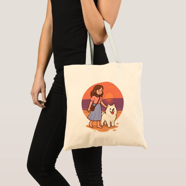 Tote Bag Cute Dog Mom Walking Fluffy Pup on Sunset Beach  (Devant (produit))