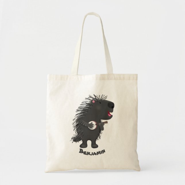 Tote Bag Cute drôle porc-épic avec dessin animé de banjo (Devant)