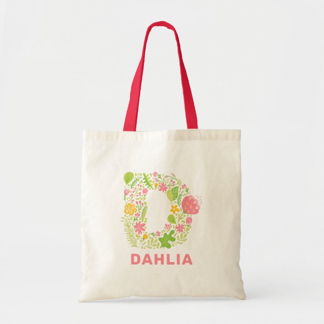 Tote Bag Cute Floral D Nom Initial Vert Rose Jaune Chic (Devant)