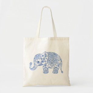 Tote Bag Cute Floral Paisley Elephant Blue Parties scintill