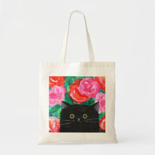 Tote Bag Cute Fluffy Chat noir avec Roses rouges et roses