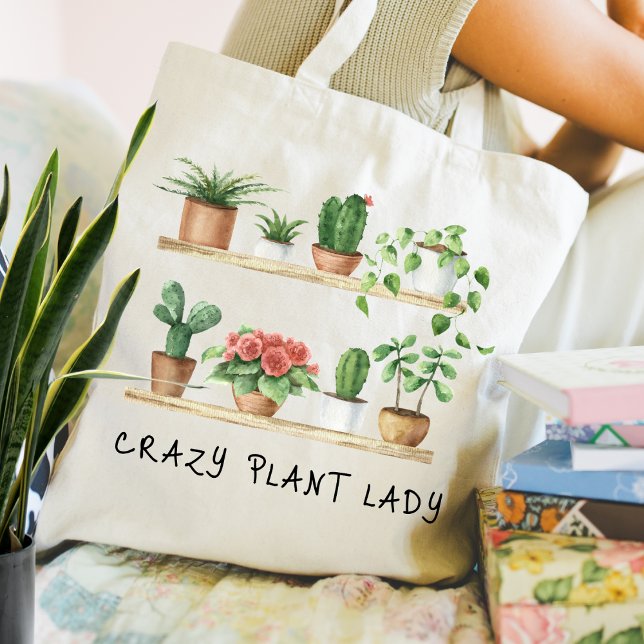 Tote Bag Cute fou Plante Lady Aquarelle Plantes Potés (Créateur téléchargé)