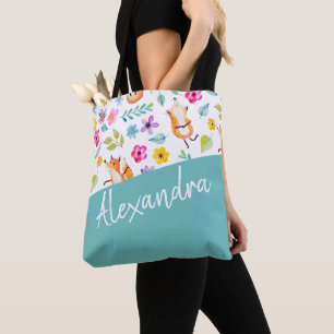 Tote Bag Cute Fox Motif Turquoise Personnalisé