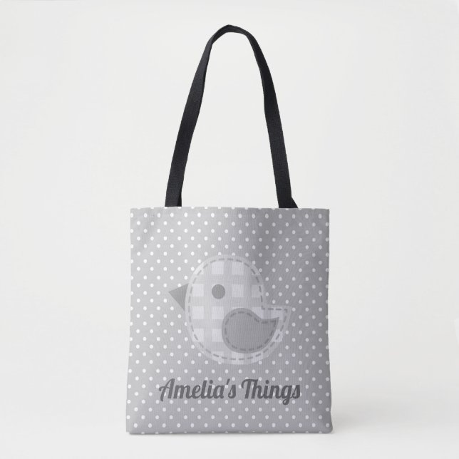 Tote Bag Cute Grey Baby Bird and Polka Dot Personnalisé (Devant)