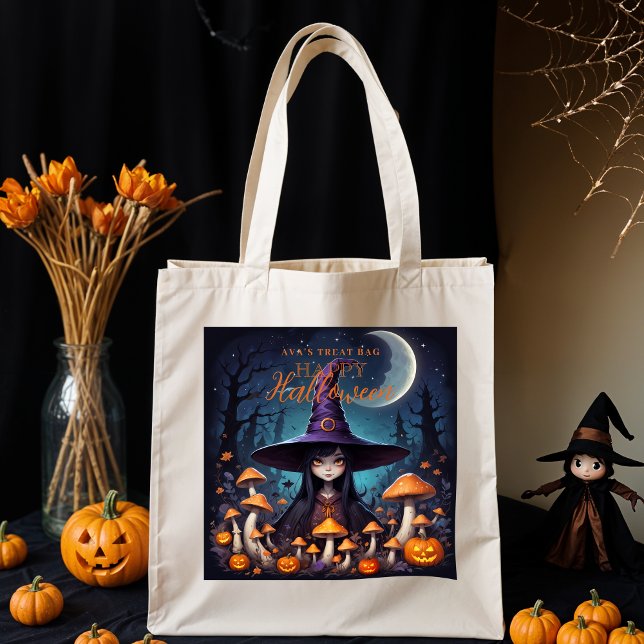 Tote Bag Cute Halloween Witch in Spooky Scene with Pumpkins (Funny Little Halloween Witch in Eerie Landscape with Pumpkins & Magical Mushrooms with Name's TreaT.)