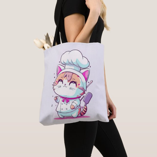 Tote Bag Cute Happy Baker Pâtisserie Chef Chat Kitten | (De près)