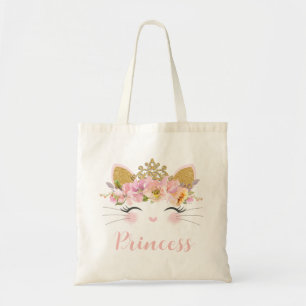 Tote Bag Cute Happy Kitty Chat Princess Floral Gold Crown