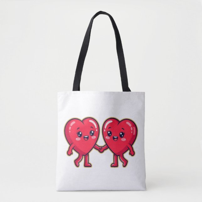 Tote Bag Cute Heart Characters Holding Hands (Devant)