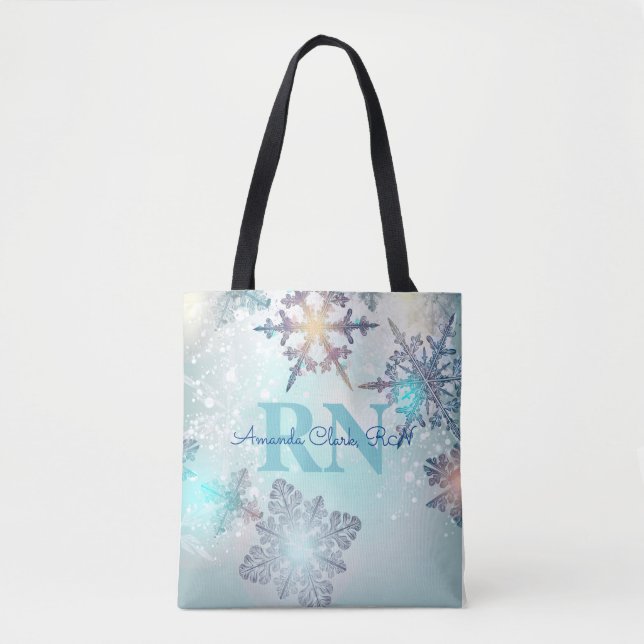 Tote Bag Cute Ice Blue Snowflake Nom personnalisé RN Nurse (Devant)